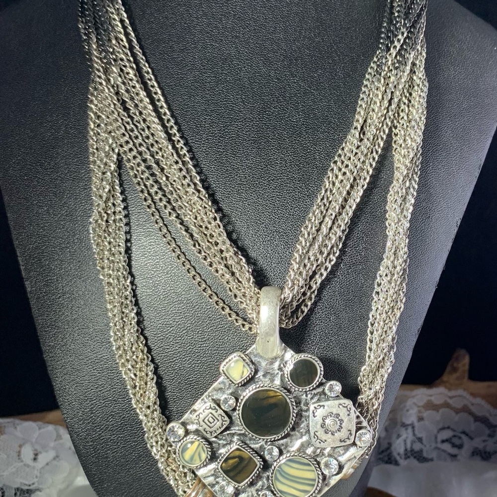 Premier Designs Silver Necklace with Ornate Pendant  multi strand and stones